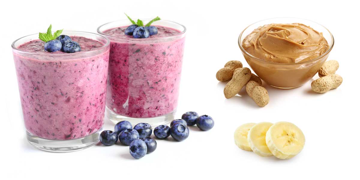 Protein Smoothie Idea - Peanut butter and blueberry smoothie with bananas and grass-fed whey protein isolate