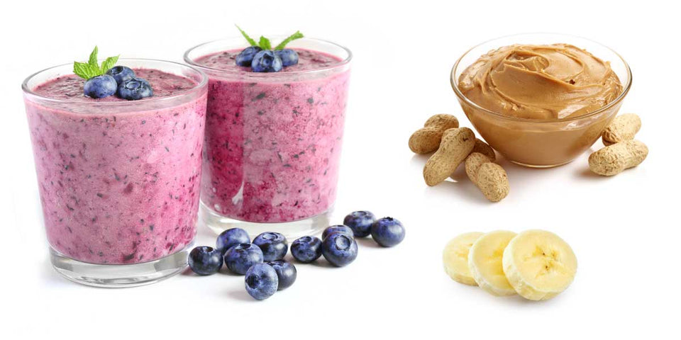 Protein Smoothie Idea - Peanut butter and blueberry smoothie with bananas and grass-fed whey protein isolate